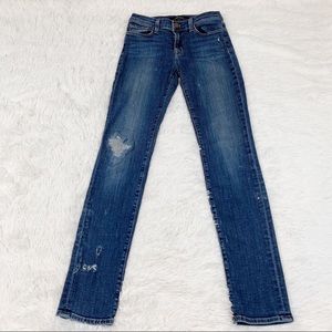 J Brand low rise skinny blue jeans distressed dark wash